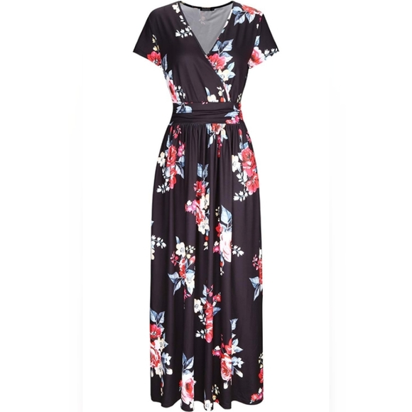 Ouges Dresses & Skirts - V-Neck Short Sleeve Maxi Dress with Pockets Floral